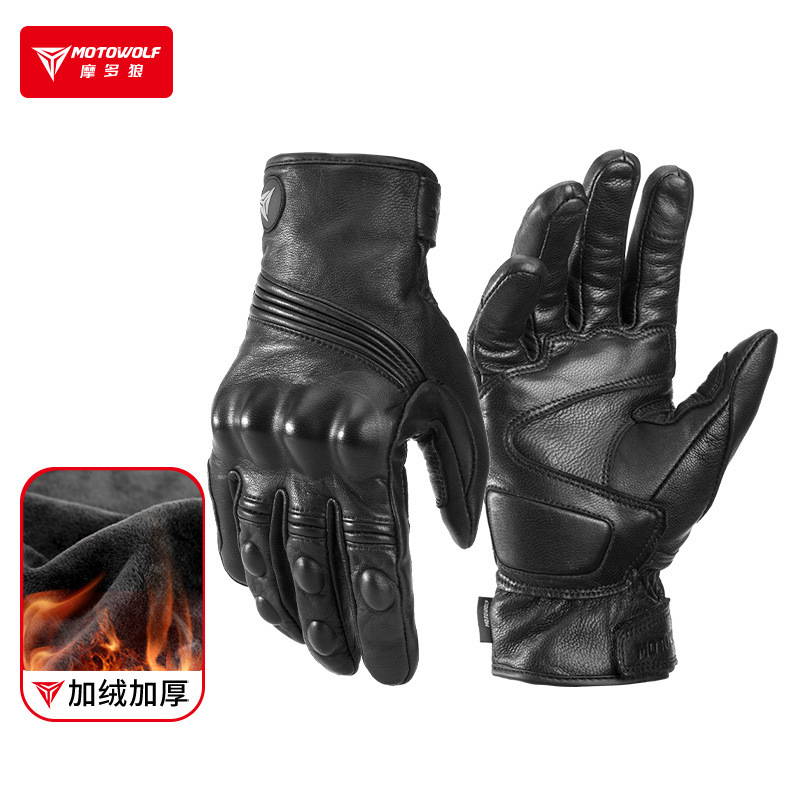 Motorcycle Glove Knuckle - 冬用オートバイグローブ 男性&女性用 防風 保温 タッチスクリーン対応 本革ライディンググローブ