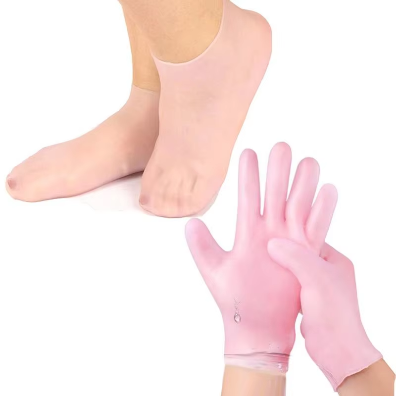 Latex Disposable Glove - 1ペア シリコンフットケアソックス＆再利用可能なSPAジェルグローブ 保湿 ひび割れ防止 ヒールフットスパ 角質除去フットマスクカバー